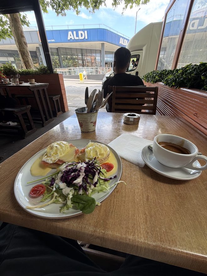 A salad plate and a cup of tea on the covered terrace